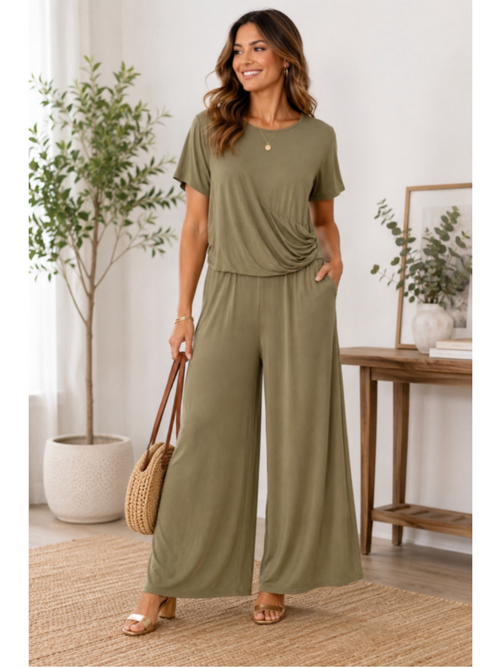Boohoo Olive Green Ruched Wide Leg Jumpsuit Women's US 14 Plus Size Stretch